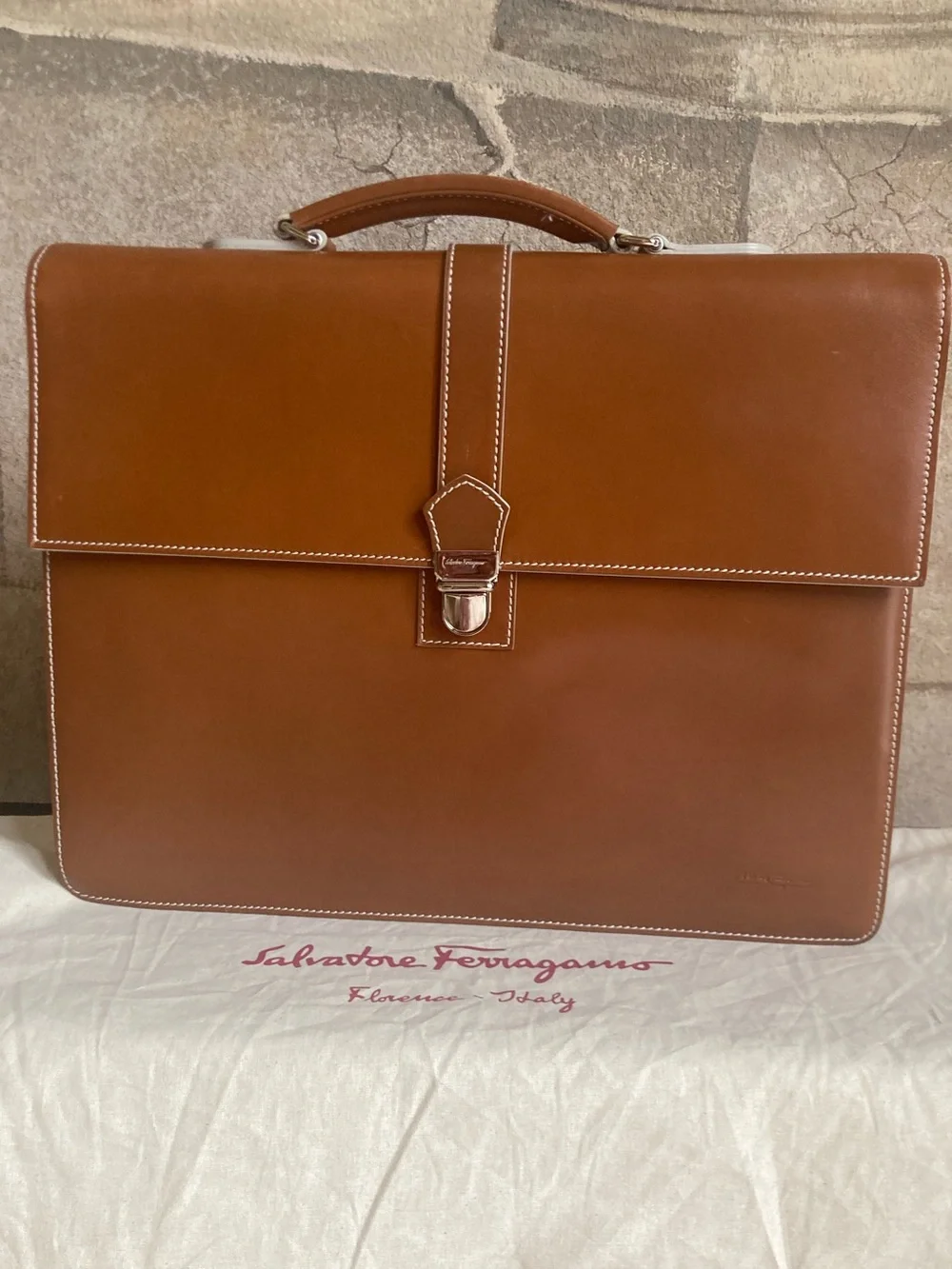 Salvatore Ferragamo Men's Leather Briefcase in Cognac Brown with White Stitching